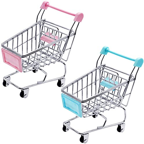 Yeelua Mini Shopping Trolley, 2PCS Cute Cart, Miniature Storage Baskets for Doll Desktop Decor Make Up Holder (Pink & Blue)