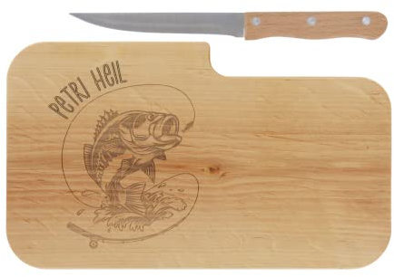 LASERHELD | Brotzeitbrett Holz mit Gravur “Petri Heil & Messer | 26 x 15 cm | Frühstücksbrettchen Holz Schneidebrett Jausenbrett Zunftzeichen | Geschenk für Angler und Fischer als Vatertagsgeschenk