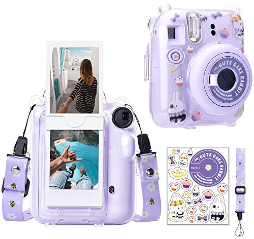 MUZIRI KINOKOO Case for Fuji Instax Mini 12/Fuji Mini 12 Instant Camera, Hard PVC Protective Case with Photos Pocket to Store 10 Photos - with Shoulder Strap & Camera Sticker - Purple