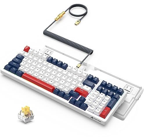 K98 Kabelgebundene Hot-Swap-Gaming-Tastatur RGB mit abnehmbarem Metall-Spiral-USB-C-Kabel, mechanischem angepasstem linearem gelbem Schalter, programmierbarer Betätigung, 100 Tasten für Mac/Win (blau)