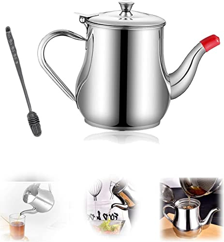 Stainless Steel Oil Filter Pot, Kitchen Stainless Steel Oil Strainer Pot Grease Container Jug Storage Can Filter, Oil Separator Grease Storage Can Oiler, Filter Pot, Tea Pot Kettle qzjijosen (24oz)