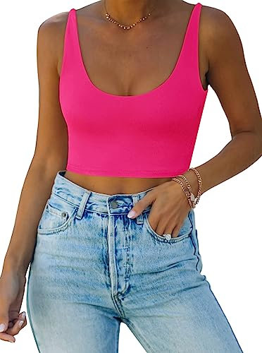 REORIA Damen Sexy Top mit tiefem U-Ausschnitt doppelt gefüttert nahtlos ärmellos kurzes Cami Tanktop Yoga Crop Tops Neon Rosenrot XXL