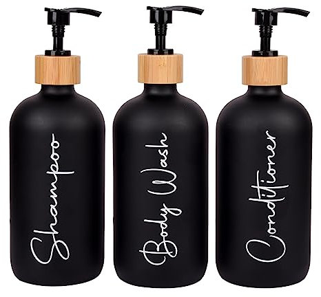 17 oz Shampoo and Conditioner Pump Bottles Soap Dispenser Bamboo Pump Head Empty Glass Refillable Shampoo Conditioner Body Wash Soap Bottles for Bathroom, 3 Pack, Black