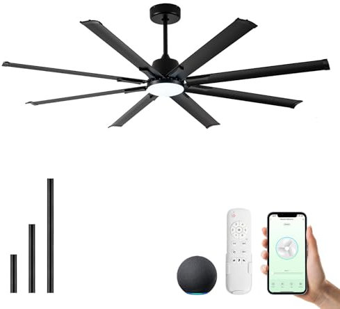 Maxslak Deckenventilator 72 Zoll mit Licht, industrieller Deckenventilator mit 8 schwarzen Aluminiumflügeln, intelligenter Ventilator funktioniert mit Alexa, Carport-Ventilator für
