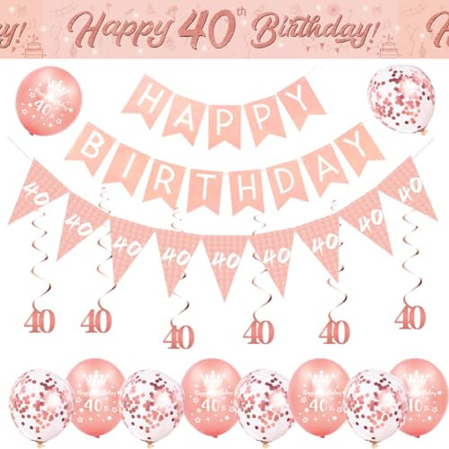 40th Birthday Decorations for Women-Rose Gold 40th Birthday Banners for Her,40th Party Decor Happy 40th Birthday Banner Bunting Foil Hanging Swirls Triangle Flags Confetti Latex Balloons
