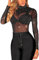 MAYFASEY Women Sexy Rhinestone Mesh Long Sleeves Tunic Shirts Sheer Tops Blouse, Black, S