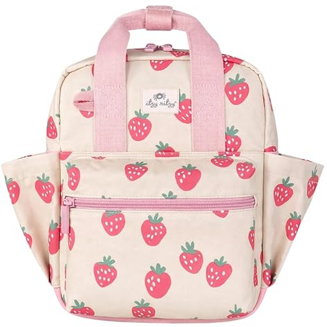 Itzy Ritzy Toddler Backpack - Daycare Bag - Features Adjustable Shoulder Straps, 2 Side Pockets & Spacious Interior with Wipeable Fabric Lining & Name Label, Strawberry Backpack