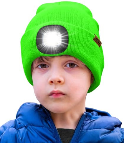 ATNKE Kids LED Beleuchtete Mütze mit Licht,Wiederaufladbare USB 4 LED Laufmütze Extrem Heller Lampe Winter Warme Stricken Mütze Großartig Geschenke für Jungen und Mädchen/Fluorescent Green