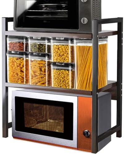 Shally Dogan Mensola Salvaspazio Porta Microonde in Acciaio, Scaffale da Cucina con Ripiano Portaspezie, Unità di Mensole a 2 Scomparti con Piedini Antiscivolo, Design Moderno (Noce + Nero)