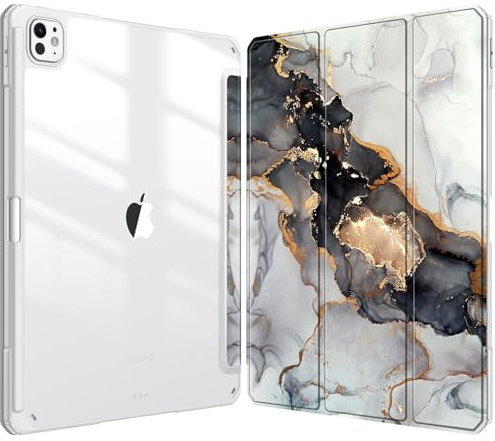 FINTIE Cover per iPad Pro 13 Pollici (M5 2025 / M4 2024) con Portapenna | Sottile Leggero Trasparente Custodia Posteriore con Bordo in TPU Morbido, Cloudy Marble