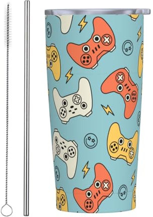 Perinsto Video Game Controller Backgroud 20oz Travel Tumbler With Lid And Straw, Joysticks Stainless Steel Tumblers Insulated Coffee Cup Mug Gift For Men Women