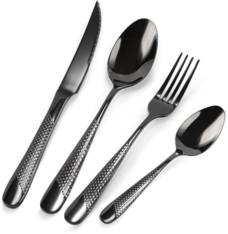 16 Piece Cutlery Set, Black Stainless Steel Knife and Fork Sets Service for 4, Hammered Pattern Design Tableware with Forks/Spoons/Knives, Modern Silverware Set for Home/Restaurant/Party