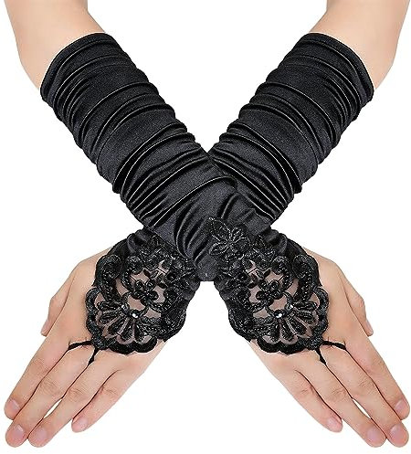 ZYFC Long Evening Gloves, Ladies Satin Gloves, Classic Satin Lace Gloves,20' s Party Decoration Accessories for Opera Evening Party Dance Wedding, Burlesque Accessories (Black)