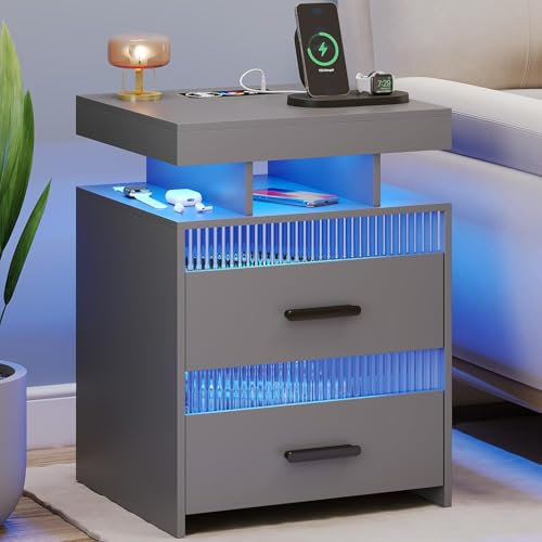 FREDEES Grau Nachttisch mit LED Licht & Ladefunktion, Beistelltische mit Menschlichen Körper Induktion 24 Farben Lichter, Nightstand mit 2 Schublade Holz Nachtkommode für Schlafzimmer/Wohnzimmer