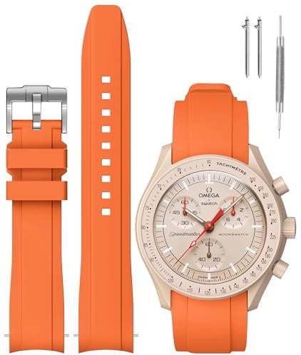 REBANDACE Armband für MoonSwatch Uhr, Gebogenes Silikon-Ersatzarmband für Omega X Swatch Speedmaster Moonswatch Uhr 20mm, Weiches Swatch Omega Armband für Männer und Frauen (Orange)