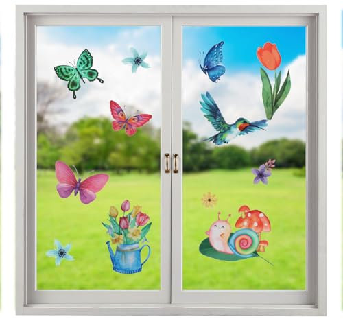 8 x Fensterbilder Frühling Sommer Deko, Fensterbilder Blumen, Doppelseitig Fenstersticker Frühling Selbstklebende Fensteraufkleber Schmetterling Blumen Vogel Wiederverwendbare für Gläser Fensterdeko