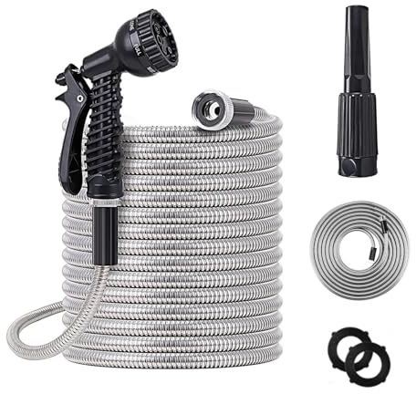 50ft Metal Garden Hose Stainless Steel Heavy Duty Water Hose With 2 Nozzles, No Tangle and Kink, Lightweight & Flexible, Tough and Pet Proof, Metal Garden Hose for Yard, RV, Garden, Outdoor