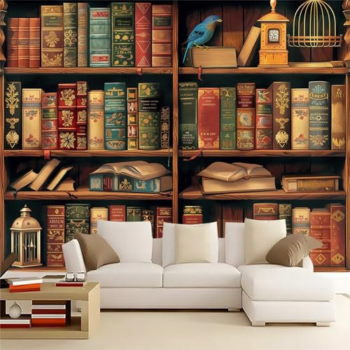 Fototapete Nostalgisches Bücherregal Im Vintage-Stil Bunte Bücher 200 x 140 cm - für Wohnzimmer Schlafzimmer Büro Dekoration Tapete Vliestapete Wandtapete Motivtapeten UV-Beständig