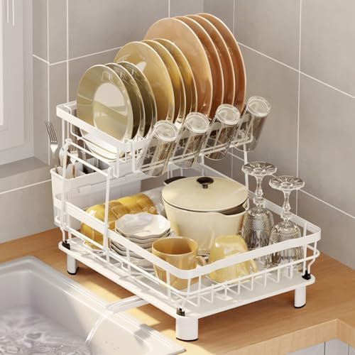 nohlerlife Escurridor de platos de 2 niveles, escurridor grande con bandeja de goteo, escurridor de platos de acero al carbono con soporte para utensilios, tazas, cubiertos, estante desmontable para