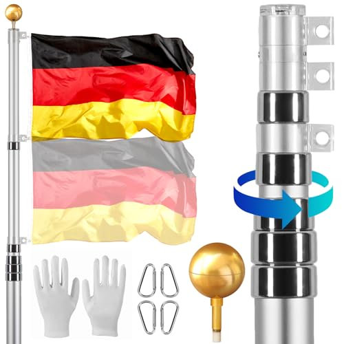 VEVOR 9 m Teleskop-Fahnenmast-Set, Robustes Fahnenstange-Set aus Aluminiumlegierung im Boden für draußen, 3 Anzeigemodi Fahnenmast mit professionellem Zubehör, deutsche Flagge, Silber