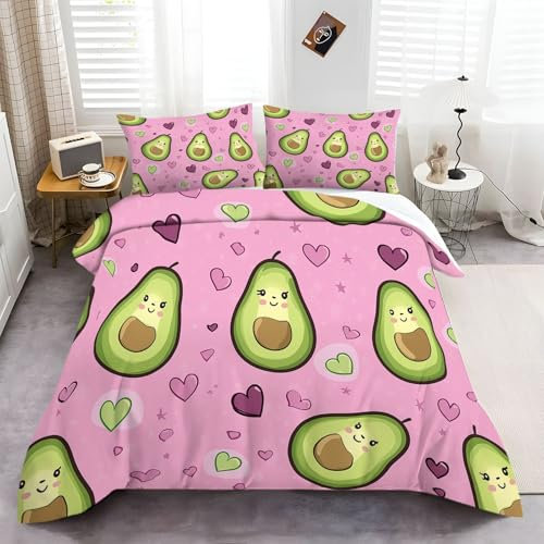 CozyRest Bettwäsche Kawaii-Avocado 135x200 cm 3 teilig Bettbezug Set mit Kissenbezüge, Bettwäsche-Sets Mikrofaser mit Reißverschluss Weich und Atmungsaktiv Bügelfrei
