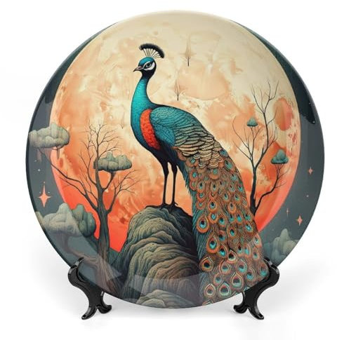 Pfau Keramik Dekoteller, Elegante Tier Deko Schale mit Ständer, Schöne Vogel Knochen China Dekorative Teller Kunst Porzellan Teller für Wohnzimmer Flur Tisch Dekor