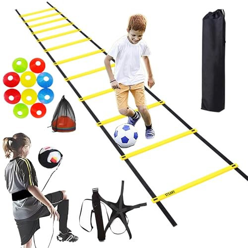 SUQ Accesorios De Entrenamiento De Fútbol, 14 m Escalera De Agilidad, Entrenador De Patadas De Fútbol, 10 Conos Deportivos, Kit Fútbol para Niños, Equipo De Escalera De Agilidad y Velocidad