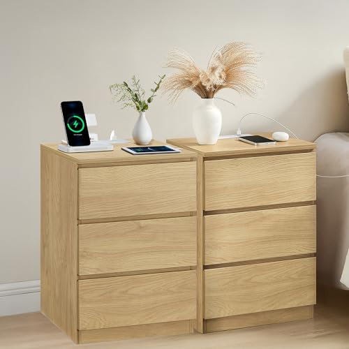 VASAGLE Bedside Tables with Power Strip, Set of 2 Modern Side End Tables with Drawers, 2 AC OutKAILYN Collection LETs, 2 USB Ports, for Living Room, Bedroom, Straw Yellow KAILYN Collection LET831Y71