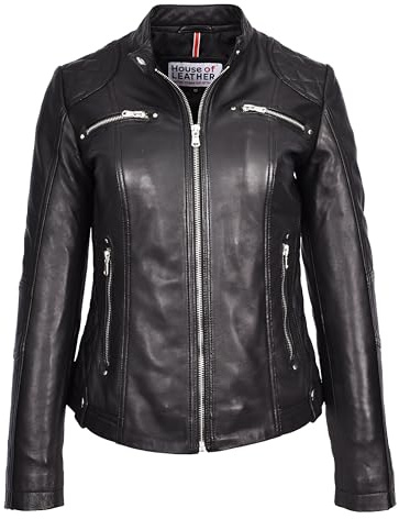 Womens soft Leather Biker Jackets Fitted Quilted Casual Cafe Racer Style Zip Fasten Fiona