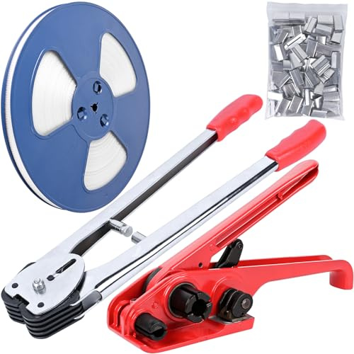 MYFAMIREA Heavy Duty Banding Strapping Kit with Tensioner Tool, 0.55'' x 3937'' Polypropylene Packaging Strapping Roll, 100 Metal Seals, Sealer Tool for Pallets, Logistics, Warehouse (Red)