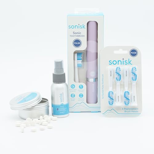 Sonisk Travel Bundle | Pulse Electric Toothbrush, 4 Replacement Heads, Chewable Toothpaste Tablets & Mint Breath Spray | Sonic Technology, Long-Lasting Freshness | Dentist Recommended (Lilac)