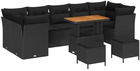 vidaXL Garten-Sofa-Set mit Kissen 10 pcs Schwarz 90 x 55 x 71 cm, Außen Lounge Set, modernes Garten-Sofa, wetterfest, abnehmbare Kissen, Rattan-Möbel, Terrassenmöbel