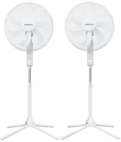 Aigostar Ventilador de Pie con 7 aspas, 50W, diámetro 41 cm. Ventilador de pie silencioso oscilante 75°, 3 Velocidades y altura ajustable 108-125cm, Silencioso para dormir. blanco, Erika, 2 Piezas