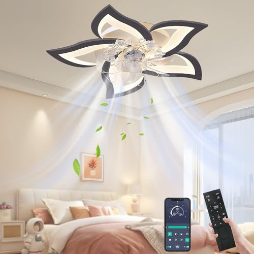 Eznaobo Ventilateurs de plafond 33/50 cm avec éclairage et télécommande, 6 vitesses, variateur d'intensité, application intelligente, éclairage silencieux et moderne pour salon,chambre (Noir, Fleurs)