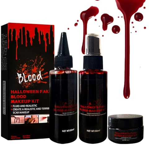 Halloween Kunstblut 4er Set:1 Geronnenes Blutplasma+1 Kunstblut Spray+1 Tropfendes Kunstblut+8 Tattoo,Halloween Schminke Makeup Spezialeffekt für Karneval,Simulierte Wunden,Film,Theater,Unfug
