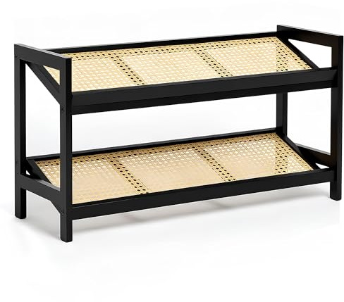 KEPLIN 2 Tier Bamboo and Rattan Shoe Rack Organiser – Eco-Friendly, Durable, Easy Assembly – Compact Design for Entryway, Closet, or Hallway – Stylish and Functional Storage – Black and Natural