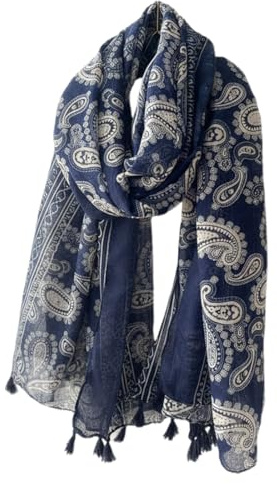 DOKRIN Schals für Damen,Dünner Damenschal für Herbst/Winter, Marineblau Blau bedruckter Ethno-Retro-Schal mit Cashewnuss-Turban aus Baumwolle und Leinen