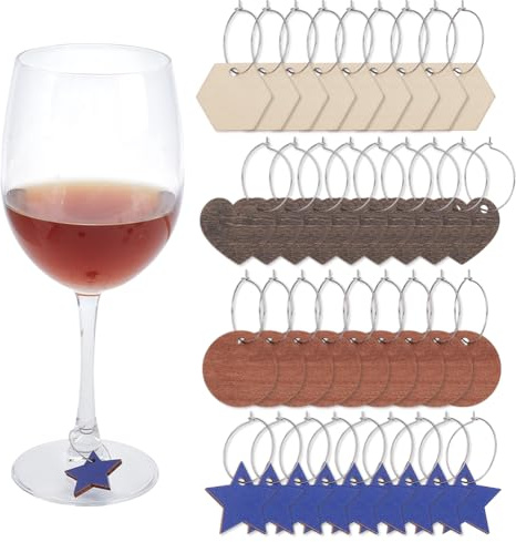 HOBBIESAY 80Pcs 4 Styles Wine Glass Charms Wood DIY Wine Charms Label With Stainless Steel Rings Glass Cups Drink Markers Blank for Stem Glasses Cocktail Champagne Wedding Birthday Party Christmas