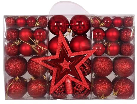 MECLASSIC Weihnachtskugeln Set, 101-teilig, Festliche Christbaumkugeln mit Baumspitze, Rot Gold Grün, 32 Große 6cm, 36 Mittlere 4cm, 32 Kleine 3cm, Glitzernd (Rot)