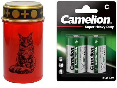 Fachhandel Plus LED Grablicht Katze, batteriebetriebenes Gedenklicht mit flackernder LED Flamme als sicherer Grabschmuck für Tiergrab und Gedenkplatz - ewiges Licht (Rot, Maine Coon)