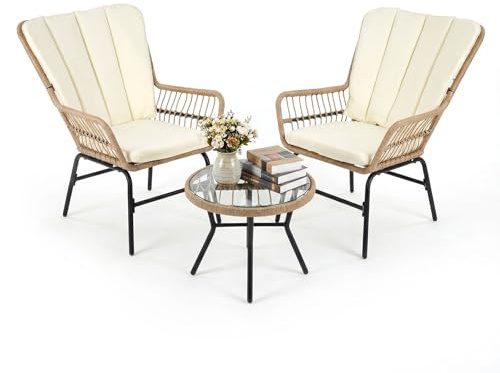 COSTWAY Rattan Gartenmöbel Set, 3-TLG. Balkonmöbel inkl. 2 Stühle mit Kissen & Glastisch, Garten Sitzgruppe für 2 Personen, Terrassenmöbel Bistroset für Garten, Veranda, Balkon