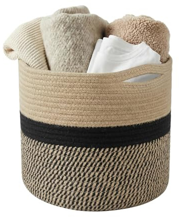 Woven Cotton Rope Laundry Basket, 21L Round Blanket Basket with Handle, Dirty Clothes Basket, Toy Storage, Decorative Plant Pots Indoor, Plant Baskets Indoors for Home Office 30x30cm (Black, Brown)