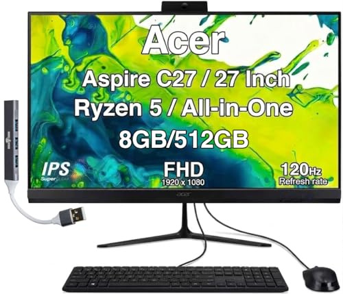 acer Ordinateur de bureau tout-en-un Aspire 27, écran IPS FHD de 27, Intel Core 5 120U (10 cœurs, jusqu'à 5 GHz), 8 Go DDR5, SSD PCIe 512 Go, Wi-Fi 6E, webcam, Bluetooth 5.3, Win 11 Pro, avec