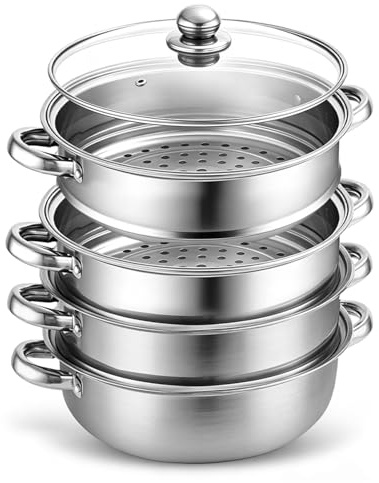 Edelstahl-Dampfgarer 28cm, 4-stöckig mit Glasdeckel & Abnehmbaren Einsätzen | für Induktion & alle Herdarten geeignet, Vielseitiges Kochgeschirr für Gemüse, Meeresfrüchten, Suppen & Pasta