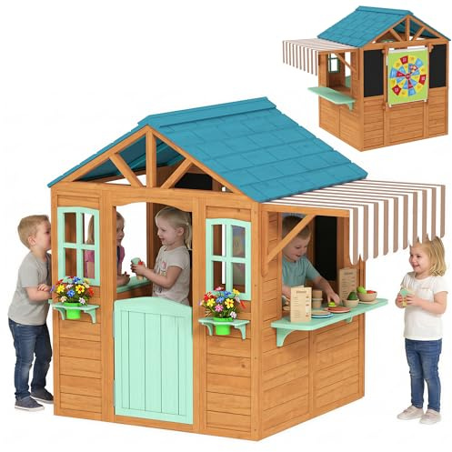 AIYAPLAY Kinderspielhaus aus Holz Spielhaus Outdoor mit Verkaufstheke Pflanzenkasten Kreidetafel Zieltuch 4 Ball Fenster Tür Gartenhaus für Kinder von 3-6 Jahren 142 x 120 x 141,5 cm Mehrfarbig