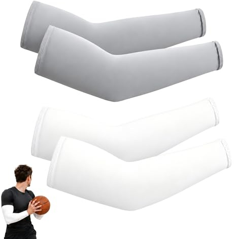 2 Paia Manicotti Braccia Sport, Maniche per Braccia, Manicotto Braccio per Ciclismo Uomo, Pallavolo, Tennis, Basket, Golf, Fitness, Gaming, Copri Tatuaggio, Bianco e Grigio Chiaro, 4 Pezzi Set