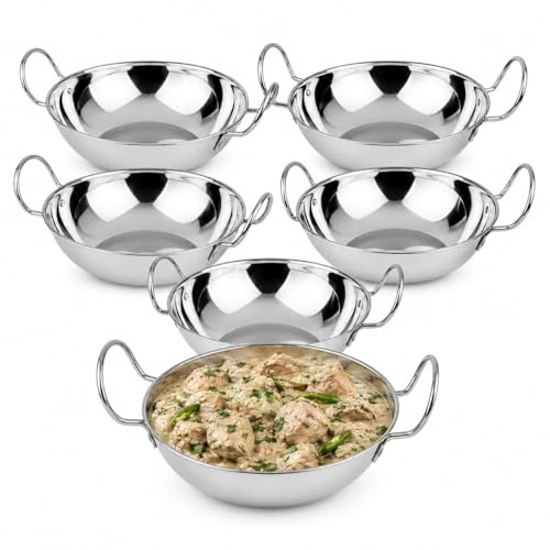 15cm Set Of 6 Stainless Steel Balti Dishes , Curry Karahi Serving Bowls with Handles, Deep Round Indian Curry Serving Dishes, Balti Bowls for Home Kitchen, Restaurant, Catering & Table Serving (6)