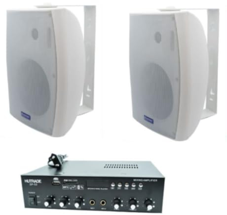 Vetrineinrete® Kit Audio Filodiffusione 120W con 2 Casse e Amplificatore | USB e TF/SD Integrati, Radio FM Inclusa, Montaggio a Parete, Ingresso Microfono/AUX, 40W RMS