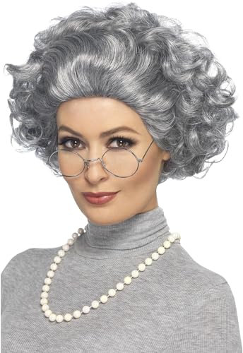Smiffys Oma-Set, grau, mit Perücke, Brille und Perlenkette