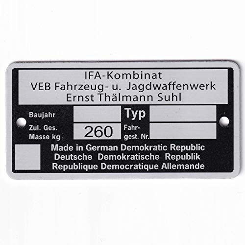 MZA Typenschild, Zul. Ges. Masse 260kg - SIMSON-Mopeds | Gesamtmasse 260 kg, MZA Nr. 10221-B-S, Felder für Typ und Baujahr kompatibel mit Simson S 51 B1-4 50 4-Gang Baujahr 1980-1989